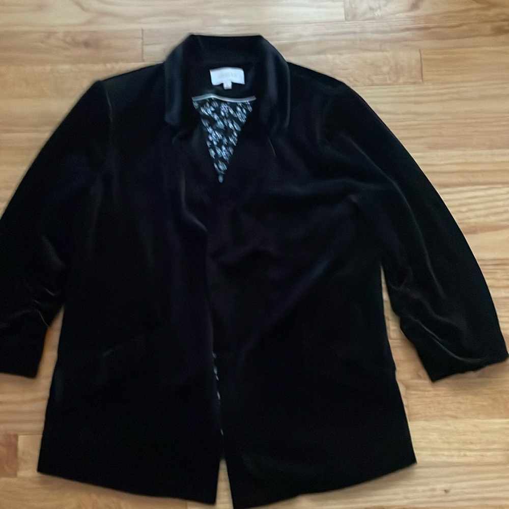 Skies Are Blue Black Velvet Blazer Size Open Front 3/4 Ruched Sleeve Career